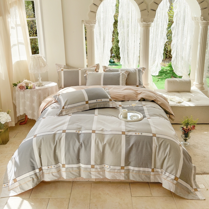 91家纺网 家纺一手货源 找家纺 7V 小清新大宽边100%纯棉法式四件套轻奢13376全棉喷气宽幅长绒棉被套床单床笠套件 自由简约