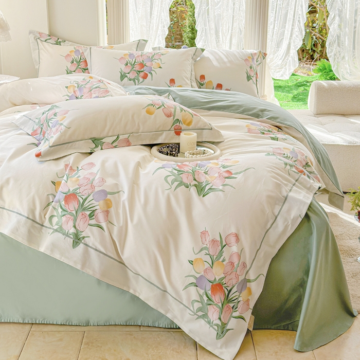 91家纺网 家纺一手货源 找家纺 7V 小清新大宽边100%纯棉法式四件套轻奢13376全棉喷气宽幅长绒棉被套床单床笠套件 幽韵飘香