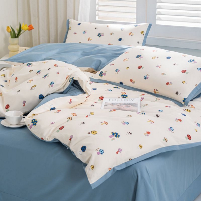 91家纺网 家纺一手货源 找家纺 优姿家纺 新款纯棉长绒棉小清新ins风印花四件套-系列一 彩蘑菇