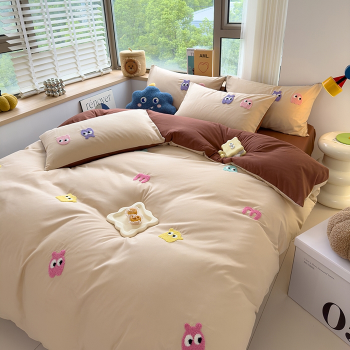 91家纺网 家纺一手货源 找家纺 曼谷 年新款多巴胺毛巾绣四件套柔软磨毛床上用品水洗棉套件 多巴胺-奶茶咖啡