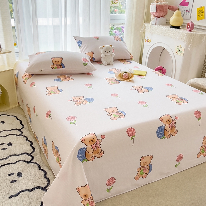 91家纺网 家纺一手货源 找家纺 芃成家纺 2024新款老粗布床单款 玫瑰小熊