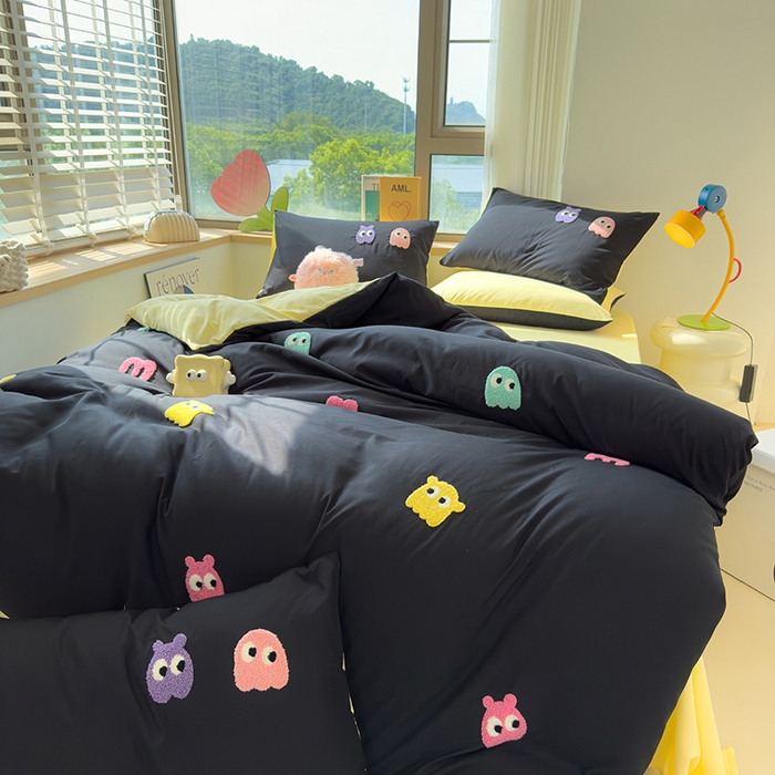 91家纺网 家纺一手货源 找家纺 曼谷 年新款多巴胺毛巾绣四件套柔软磨毛床上用品水洗棉套件 多巴胺-黑糖奶黄