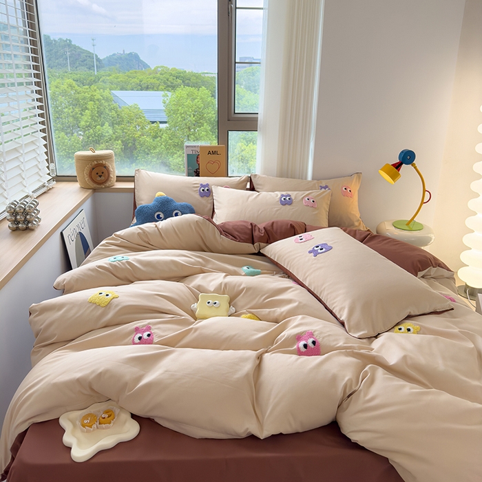 91家纺网 家纺一手货源 找家纺 曼谷 年新款多巴胺毛巾绣四件套柔软磨毛床上用品水洗棉套件 多巴胺-奶茶咖啡