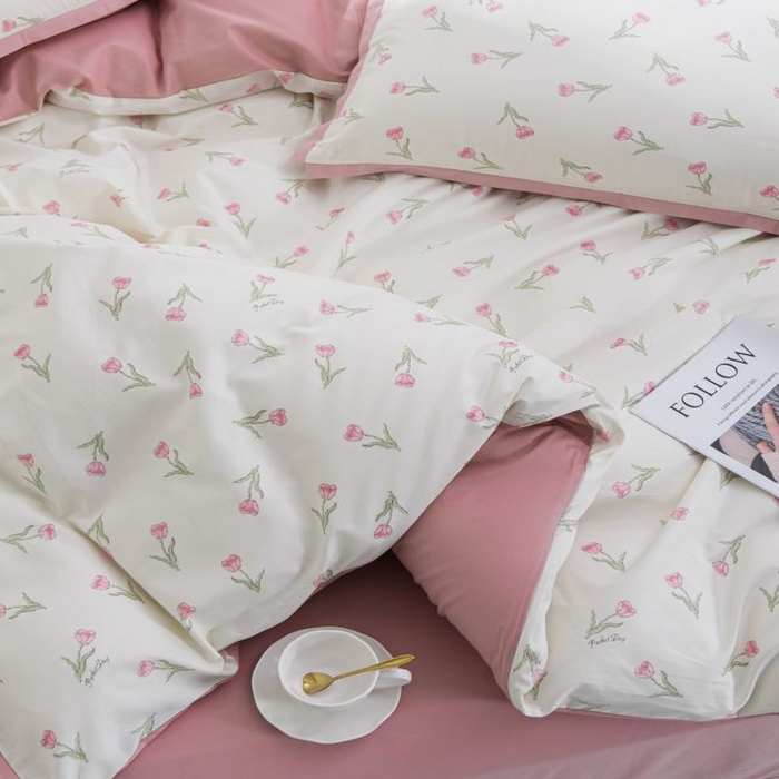 91家纺网 家纺一手货源 找家纺 优姿家纺 新款纯棉长绒棉小清新ins风印花四件套-系列一 堇色