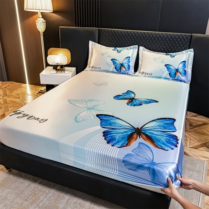 圣比熊 2024新款大版可水洗冰丝床笠宿舍床垫保护套三件套 蓝蝴蝶