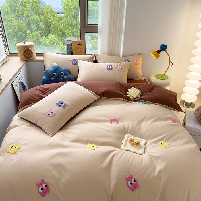 91家纺网 家纺一手货源 找家纺 曼谷 年新款多巴胺毛巾绣四件套柔软磨毛床上用品水洗棉套件 多巴胺-奶茶咖啡