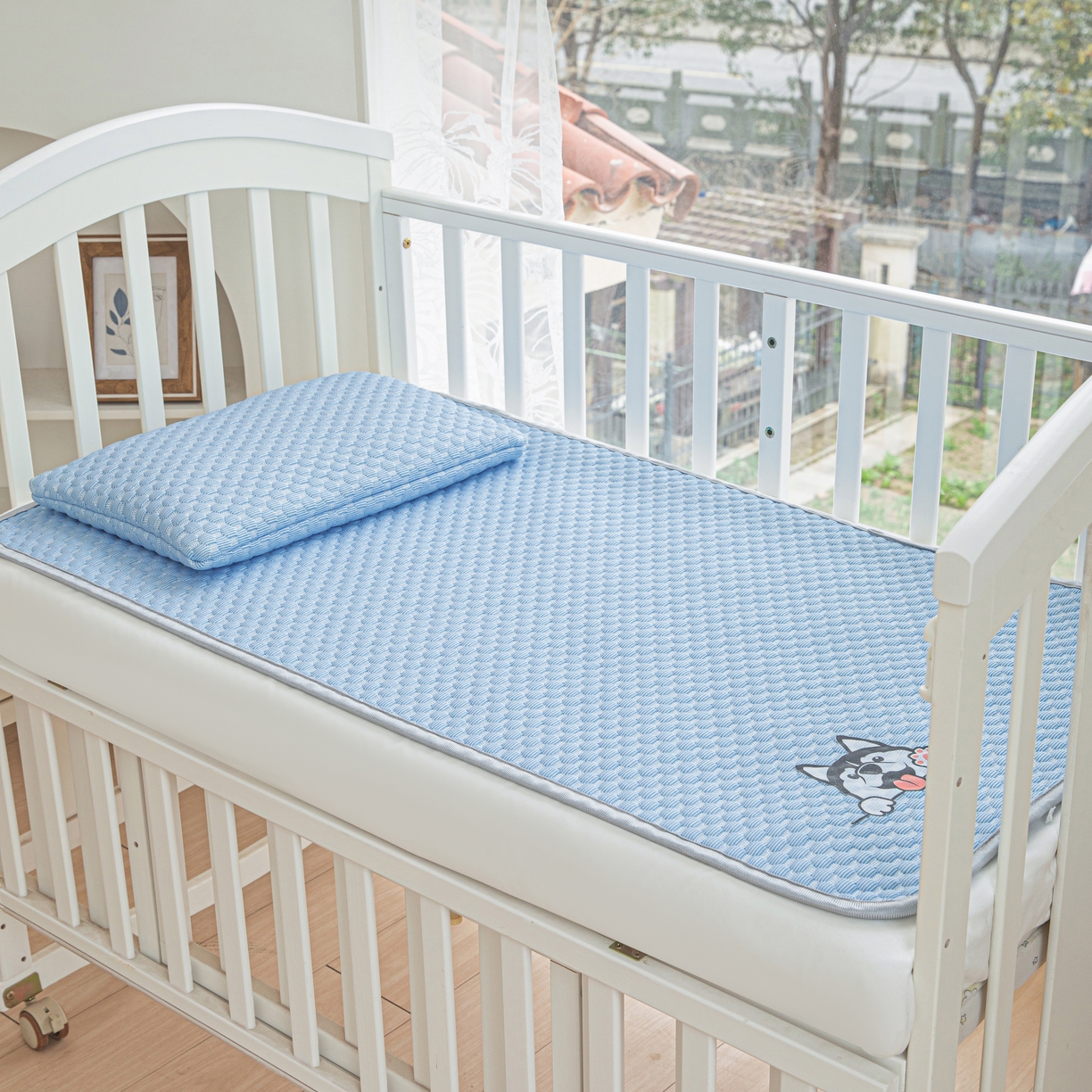 91家纺网 家纺一手货源 找家纺 宅部落 2024年新款凉感豆豆幼儿园幼婴儿儿童凉席 哈士奇-深蓝