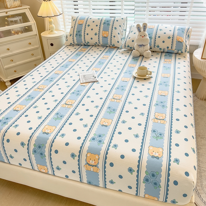 91家纺网 家纺一手货源 找家纺 芃成 2024新款老粗布床笠款 总2 小熊乐园-蓝