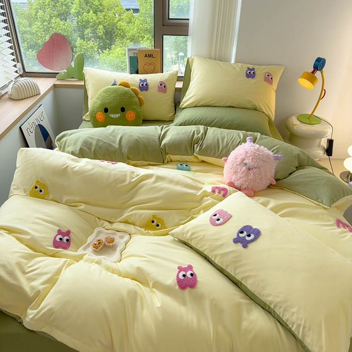 91家纺网 家纺一手货源 找家纺 曼谷 年新款多巴胺毛巾绣四件套柔软磨毛床上用品水洗棉套件 多巴胺-奶黄清绿