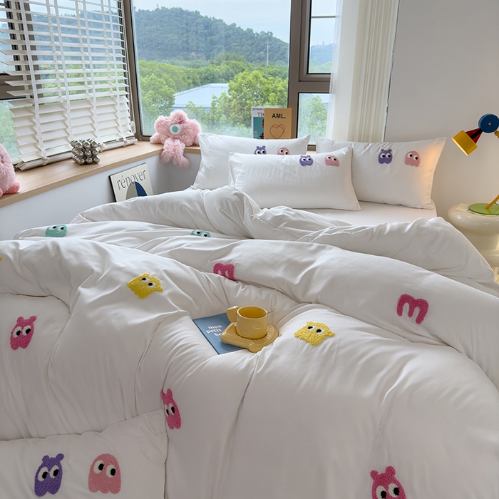 91家纺网 家纺一手货源 找家纺 曼谷 年新款多巴胺毛巾绣四件套柔软磨毛床上用品水洗棉套件 多巴胺-奶白