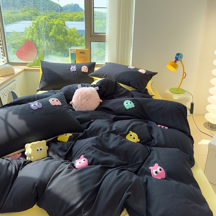 91家纺网 家纺一手货源 找家纺 曼谷 年新款多巴胺毛巾绣四件套柔软磨毛床上用品水洗棉套件 多巴胺-黑糖奶黄