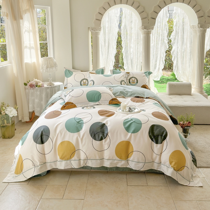 91家纺网 家纺一手货源 找家纺 7V 小清新大宽边100%纯棉法式四件套轻奢13376全棉喷气宽幅长绒棉被套床单床笠套件 动感兔-米