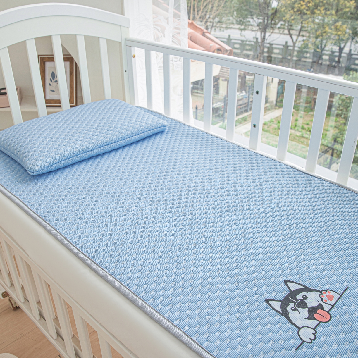 91家纺网 家纺一手货源 找家纺 宅部落 2024年新款凉感豆豆幼儿园幼婴儿儿童凉席 哈士奇-深蓝