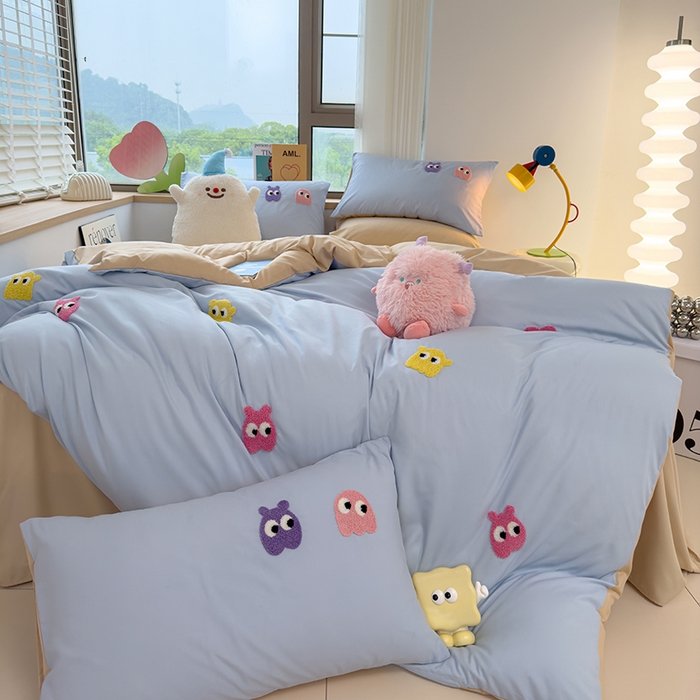 91家纺网 家纺一手货源 找家纺 曼谷 年新款多巴胺毛巾绣四件套柔软磨毛床上用品水洗棉套件 多巴胺-浅蓝奶茶