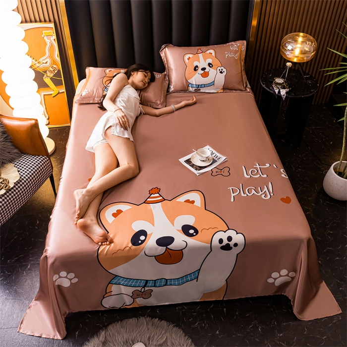 91家纺网 家纺一手货源 找家纺 梦舒羽 2025新款大版可水洗冰丝床单宿舍床垫保护罩三件套 可爱汪