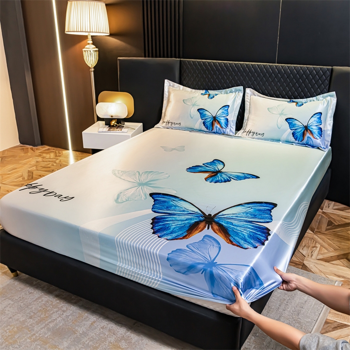 91家纺网 家纺一手货源 找家纺 梦舒羽 2025新款大版可水洗冰丝床笠宿舍床垫保护套三件套 蓝蝴蝶