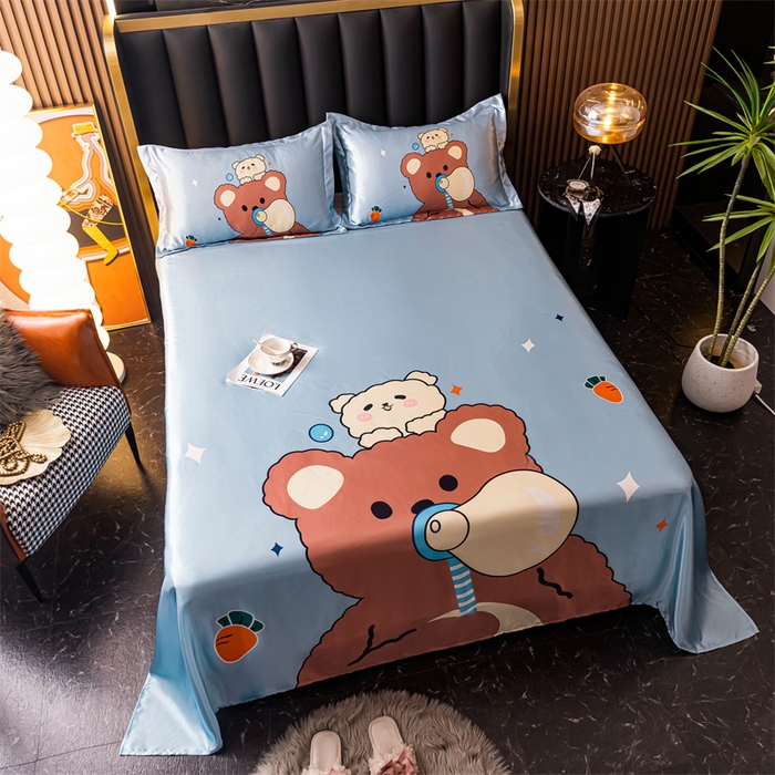 91家纺网 家纺一手货源 找家纺 梦舒羽 2025新款大版可水洗冰丝床单宿舍床垫保护罩三件套 抱抱熊