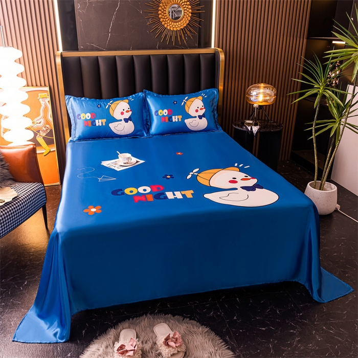 91家纺网 家纺一手货源 找家纺 梦舒羽 2025新款大版可水洗冰丝床单宿舍床垫保护罩三件套 呆萌鸭