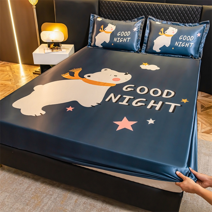 91家纺网 家纺一手货源 找家纺 梦舒羽 2025新款大版可水洗冰丝床笠宿舍床垫保护套三件套 白白熊