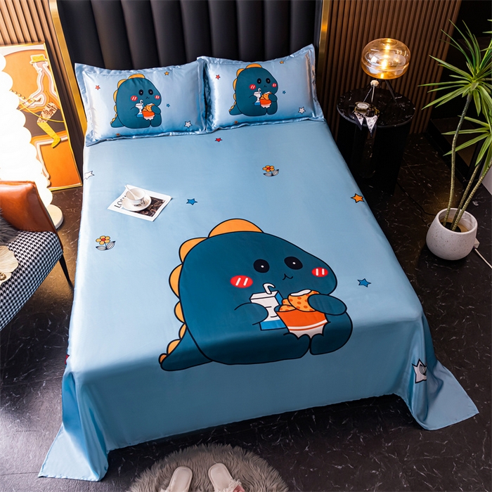 91家纺网 家纺一手货源 找家纺 梦舒羽 2025新款大版可水洗冰丝床单宿舍床垫保护罩三件套 小恐龙