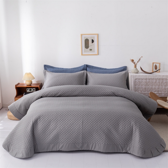 91家纺网 家纺一手货源 找家纺 优乐家纺2025新款全棉床盖三件套水洗纯棉夹棉绗缝加厚铺盖 皇宫灰