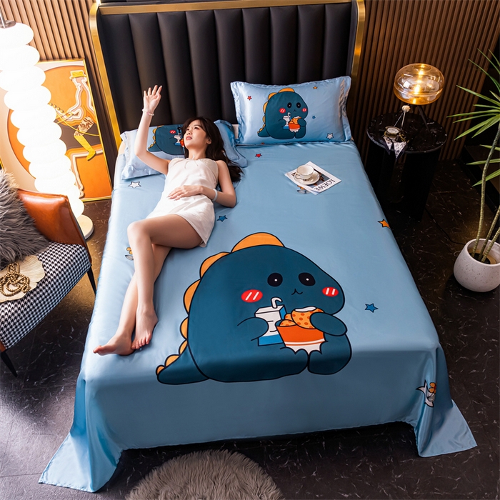 91家纺网 家纺一手货源 找家纺 梦舒羽 2025新款大版可水洗冰丝床单宿舍床垫保护罩三件套 小恐龙