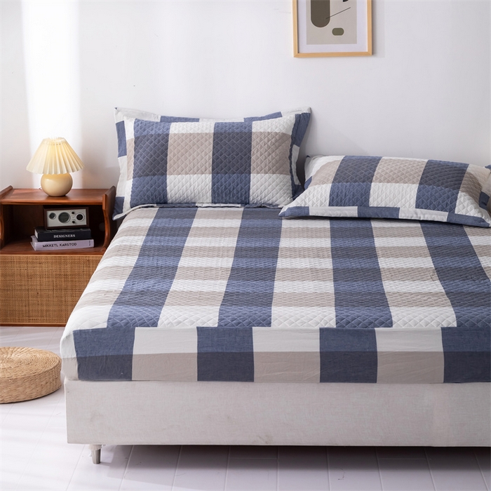 91家纺网 家纺一手货源 找家纺 优乐家纺 2025新款全棉床笠水洗纯棉夹棉绗缝加厚床笠 蓝大格