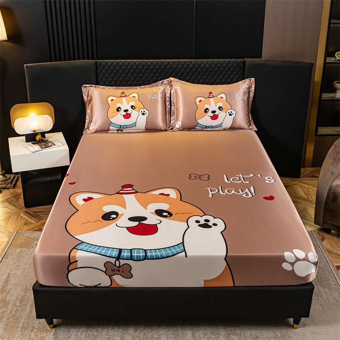 91家纺网 家纺一手货源 找家纺 梦舒羽 2025新款大版可水洗冰丝床笠宿舍床垫保护套三件套 可爱汪