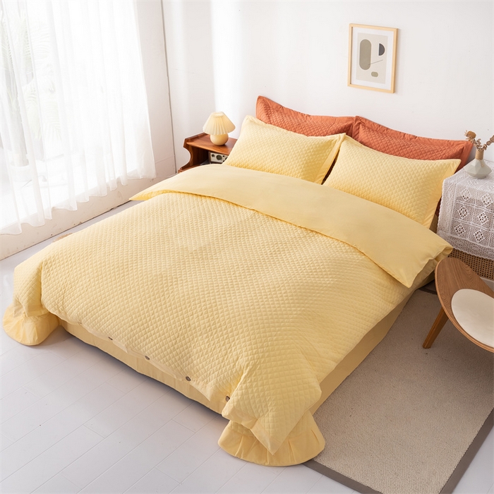 91家纺网 家纺一手货源 找家纺 优乐家纺 2025新款全棉四件套水洗纯棉夹棉绗缝加厚被罩 香橙黄
