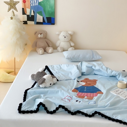 喜多兔儿童家纺 2024新品全棉水洗棉夏被空调被小安馨被子 蓝色小熊崽