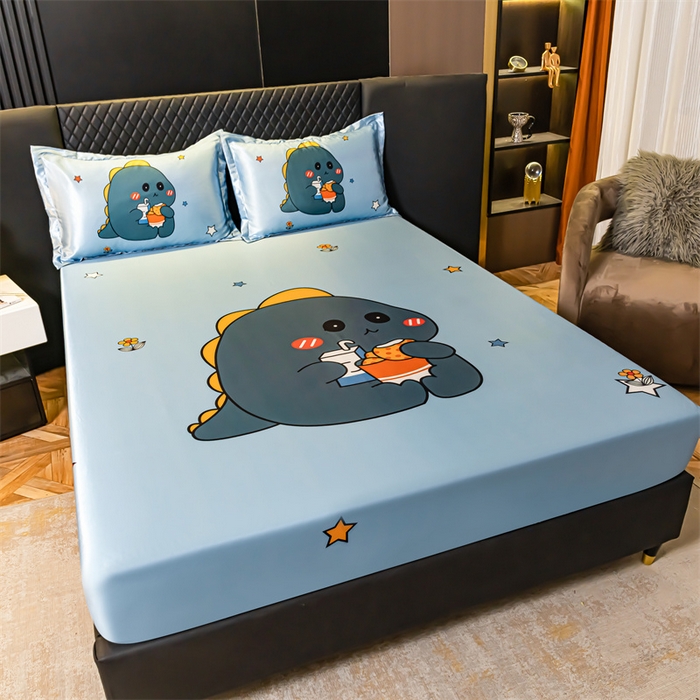 91家纺网 家纺一手货源 找家纺 梦舒羽 2025新款大版可水洗冰丝床笠宿舍床垫保护套三件套 小恐龙