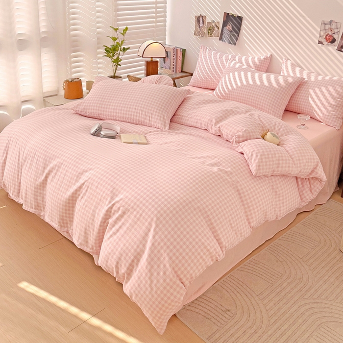 91家纺网 家纺一手货源 找家纺 港岛妹妹 2025新款单被套 小格浅粉