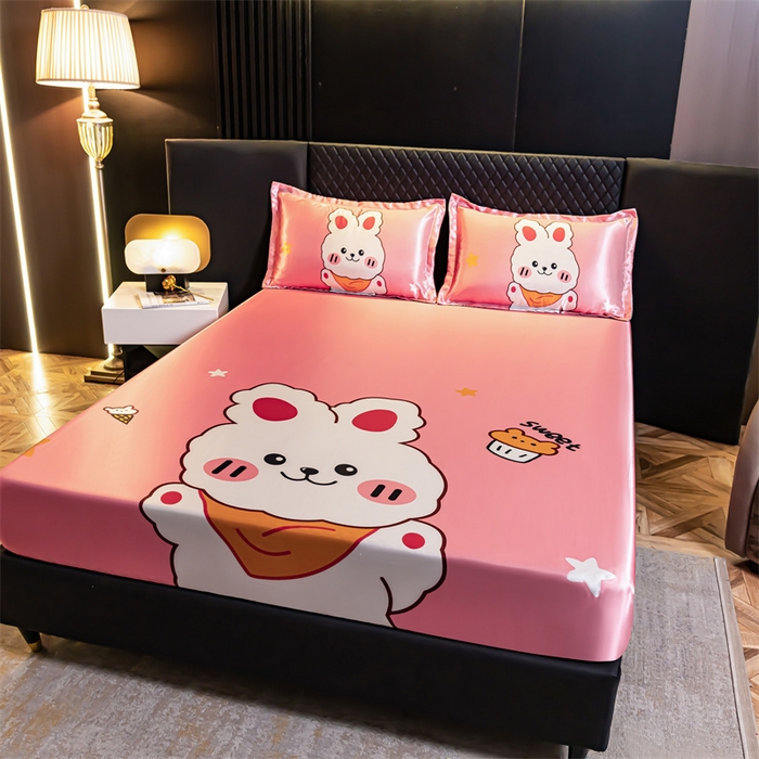 91家纺网 家纺一手货源 找家纺 梦舒羽 2025新款大版可水洗冰丝床笠宿舍床垫保护套三件套 小兔叽