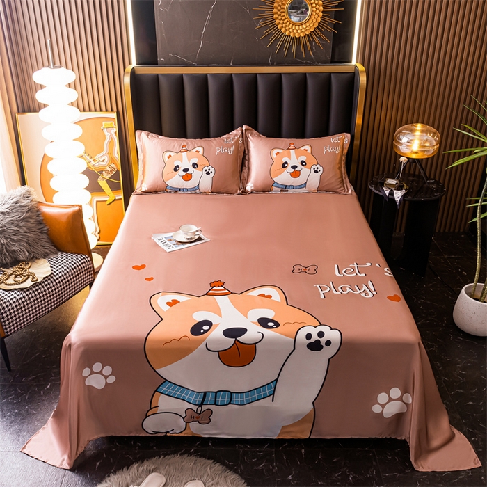 91家纺网 家纺一手货源 找家纺 梦舒羽 2025新款大版可水洗冰丝床单宿舍床垫保护罩三件套 可爱汪