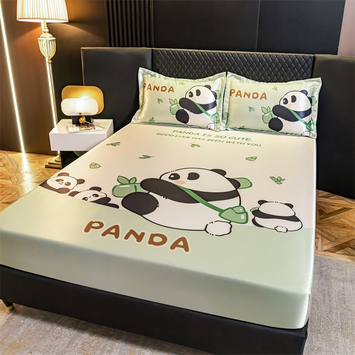 91家纺网 家纺一手货源 找家纺 梦舒羽 2025新款大版可水洗冰丝床笠宿舍床垫保护套三件套 熊猫乐园