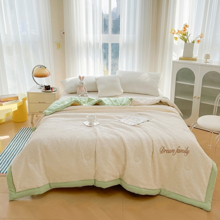 91家纺网 家纺一手货源 找家纺 花言狐语 2025新款水洗华夫格宽包边大豆夏被 宝丽格-嫩芽绿