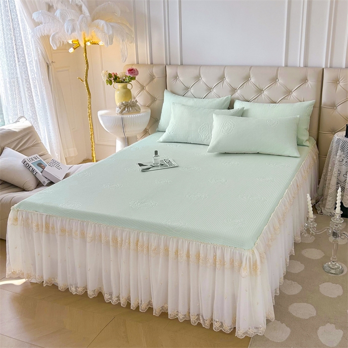 91家纺网 家纺一手货源 找家纺 恒爱A类冰丝豆豆床裙款国色天香系列凉席 薄荷绿