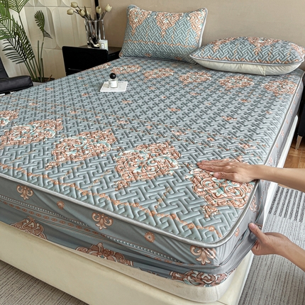 91家纺网 家纺一手货源 找家纺 诺梵 2024年凉感丝印花乳胶凉席床笠三件套 罗兰灰