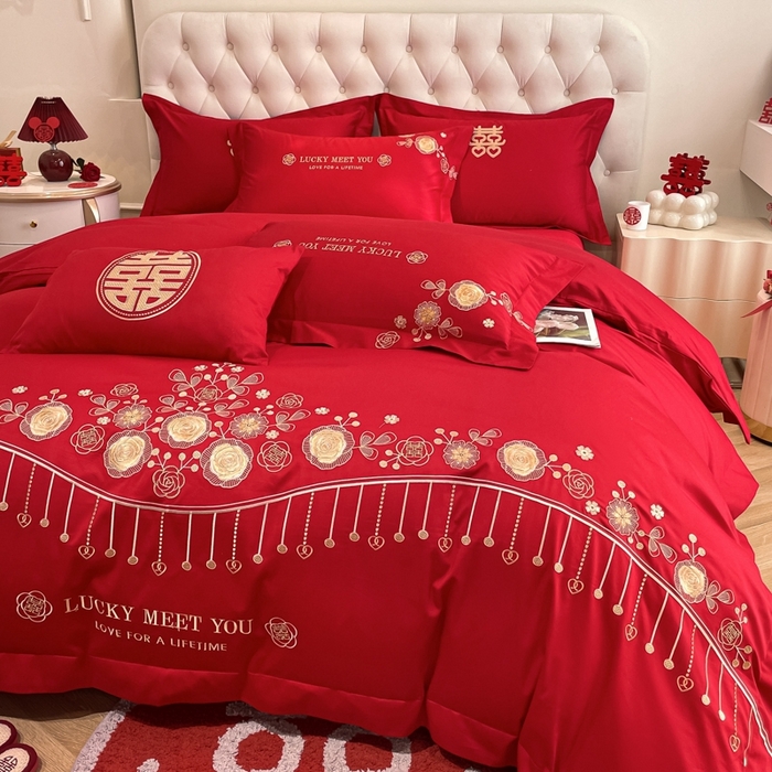 91家纺网 家纺一手货源 找家纺 遇见家居生活馆 2024新款全棉刺绣婚庆四件套 浪漫相随-大红