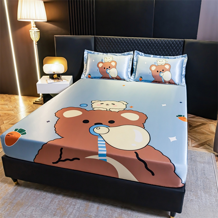 91家纺网 家纺一手货源 找家纺 梦舒羽 2025新款大版可水洗冰丝床笠宿舍床垫保护套三件套 抱抱熊