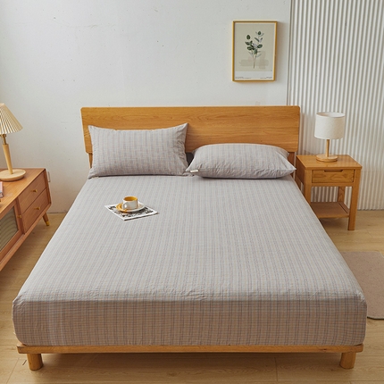 91家纺网 家纺一手货源 找家纺 居眠 2024新款全棉色织单纯水洗棉无印 床笠 缤彩格 灰