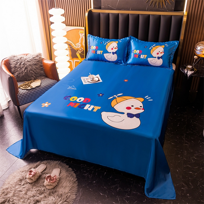 91家纺网 家纺一手货源 找家纺 梦舒羽 2025新款大版可水洗冰丝床单宿舍床垫保护罩三件套 呆萌鸭