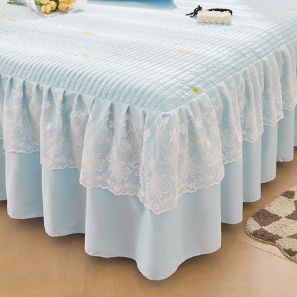 宜凡家纺 2024年新款全棉刺绣夹棉床裙三件套(小樱桃系列） 甜蜜蜜 蓝