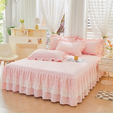 宜凡家纺 2024年新款纯色全棉夹棉裙笠款 三件套 初忆-梦幻粉