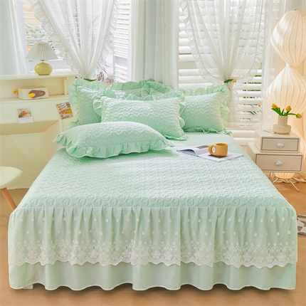 91家纺网 家纺一手货源 找家纺 宜凡家纺 2024年新款纯色全棉夹棉裙笠款 三件套 初忆-新氧绿