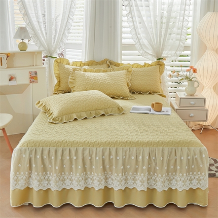 91家纺网 家纺一手货源 找家纺 宜凡家纺 2024年新款纯色全棉夹棉裙笠款 三件套 初忆-莫兰黄