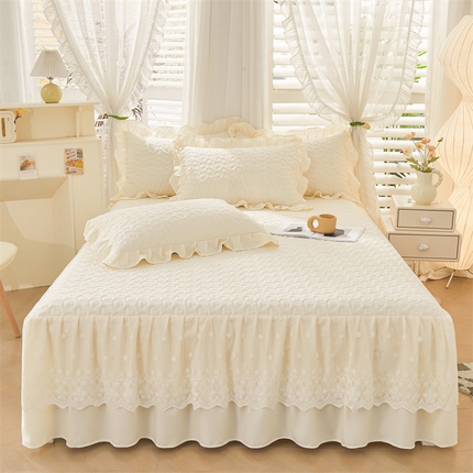 91家纺网 家纺一手货源 找家纺 宜凡家纺 2024年新款纯色全棉夹棉裙笠款 三件套 初忆-奶油白