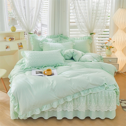 宜凡家纺 2024年新款纯色全棉夹棉裙笠款 四件套 初忆-新氧绿