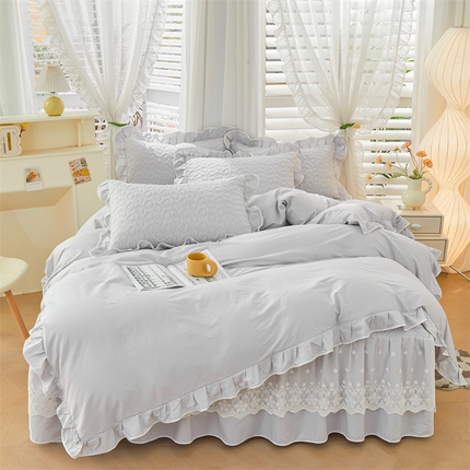 宜凡家纺 2024年新款纯色全棉夹棉裙笠款 四件套 初忆-月光灰