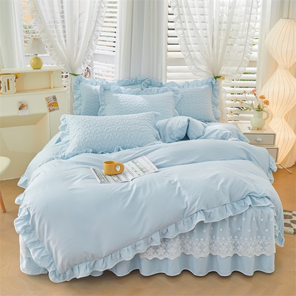 91家纺网 家纺一手货源 找家纺 宜凡家纺 2024年新款纯色全棉夹棉裙笠款 四件套 初忆-远风蓝